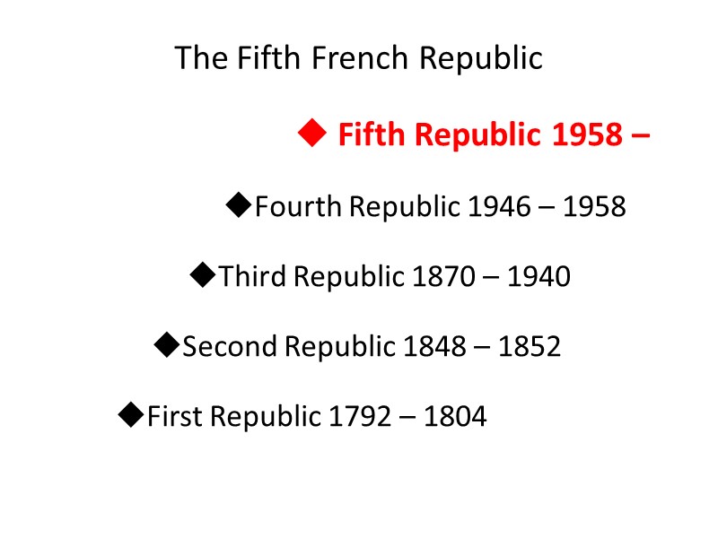 The Fifth French Republic  Fifth Republic 1958 – Fourth Republic 1946 – 1958